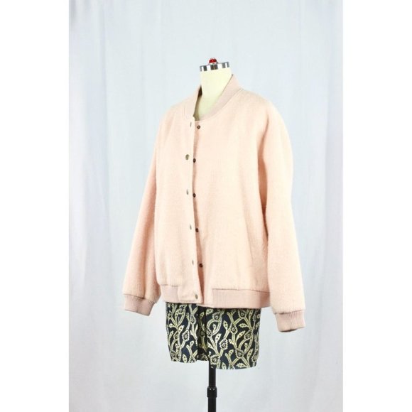 GANNI Inglewood Rose Smoke Pink Furry Wool Blend Varsity Bomber Jacket, Size L - Picture 6 of 15